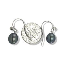 Load image into Gallery viewer, 14K White Gold Black Pearl Fish Hook Dangle Earrings