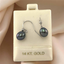 Load image into Gallery viewer, 14K White Gold Black Pearl Fish Hook Dangle Earrings