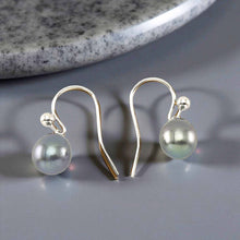 Load image into Gallery viewer, 14K White Gold Black Pearl Fish Hook Dangle Earrings