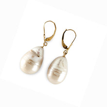 Load image into Gallery viewer, Solid 14k Yellow Gold Leverback Baroque Pearl Dangle Earrings