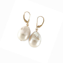 Load image into Gallery viewer, Solid 14k Yellow Gold Leverback Baroque White Pearl Dangle Earrings