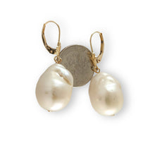 Load image into Gallery viewer, Solid 14k Yellow Gold Leverback Baroque White Pearl Dangle Earrings