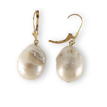 Load image into Gallery viewer, Solid 14k Yellow Gold Leverback Baroque White Pearl Dangle Earrings