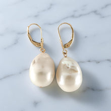 Load image into Gallery viewer, Solid 14k Yellow Gold Leverback Baroque White Pearl Dangle Earrings