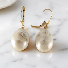 Load image into Gallery viewer, Solid 14k Yellow Gold Leverback Baroque White Pearl Dangle Earrings