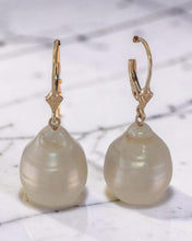 Load image into Gallery viewer, Solid 14k Yellow Gold Leverback Baroque White Pearl Dangle Earrings (Larger)