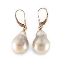 Load image into Gallery viewer, Solid 14k Rose Gold Leverback Baroque White Pearl Dangle Earrings