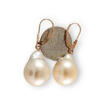 Load image into Gallery viewer, Solid 14k Rose Gold Leverback Baroque White Pearl Dangle Earrings