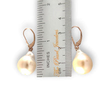 Load image into Gallery viewer, Solid 14k Rose Gold Leverback Baroque White Pearl Dangle Earrings