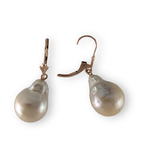 Load image into Gallery viewer, Solid 14k Rose Gold Leverback Baroque White Pearl Dangle Earrings