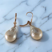 Load image into Gallery viewer, Solid 14k Rose Gold Leverback Baroque White Pearl Dangle Earrings