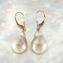 Load image into Gallery viewer, Solid 14k Rose Gold Leverback Baroque White Pearl Dangle Earrings