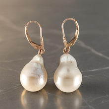 Load image into Gallery viewer, Solid 14k Rose Gold Leverback Baroque White Pearl Dangle Earrings