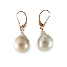 Load image into Gallery viewer, Solid 14k Rose Gold Leverback Baroque White Pearl Dangle Earrings (Petite)
