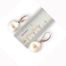 Load image into Gallery viewer, Solid 14k Rose Gold Leverback Baroque White Pearl Dangle Earrings (Petite)