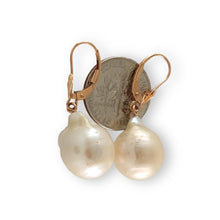 Load image into Gallery viewer, Solid 14k Rose Gold Leverback Baroque White Pearl Dangle Earrings (Petite)