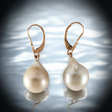 Load image into Gallery viewer, Solid 14k Rose Gold Leverback Baroque White Pearl Dangle Earrings (Petite)
