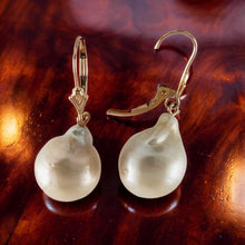 Load image into Gallery viewer, Solid 14k Rose Gold Leverback Baroque White Pearl Dangle Earrings (Petite)