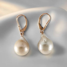 Load image into Gallery viewer, Solid 14k Rose Gold Leverback Baroque White Pearl Dangle Earrings (Petite)