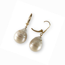 Load image into Gallery viewer, Solid 14k Yellow Gold Leverback Baroque White Pearl Dangle Earrings