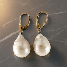 Load image into Gallery viewer, Solid 14k Yellow Gold Leverback Baroque White Pearl Dangle Earrings