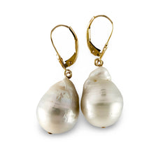 Load image into Gallery viewer, Solid 14k Yellow Gold Leverback Baroque White Pearl Dangle Earrings