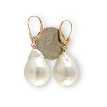 Load image into Gallery viewer, Solid 14k Yellow Gold Leverback Baroque White Pearl Dangle Earrings