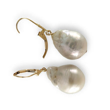 Load image into Gallery viewer, Solid 14k Yellow Gold Leverback Baroque White Pearl Dangle Earrings