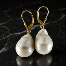 Load image into Gallery viewer, Solid 14k Yellow Gold Leverback Baroque White Pearl Dangle Earrings