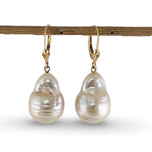 Load image into Gallery viewer, Solid 14k Yellow Gold Leverback Baroque White Pearl Dangle Earrings
