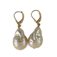 Load image into Gallery viewer, Solid 14k Yellow Gold Leverback Baroque White Pearl Dangle Earrings