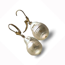 Load image into Gallery viewer, Solid 14k Yellow Gold Leverback Baroque White Pearl Dangle Earrings