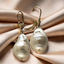Load image into Gallery viewer, Solid 14k Yellow Gold Leverback Baroque White Pearl Dangle Earrings