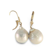 Load image into Gallery viewer, Solid 14k Yellow Gold Leverback Baroque White Pearl Dangle Earrings