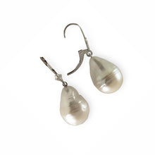 Load image into Gallery viewer, Solid 14k White Gold Leverback Baroque White Pearl Dangle Earrings (Larger)