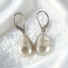 Load image into Gallery viewer, Solid 14k White Gold Leverback Baroque White Pearl Dangle Earrings (Larger)