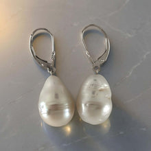 Load image into Gallery viewer, Solid 14k White Gold Leverback Baroque White Pearl Dangle Earrings (Larger)