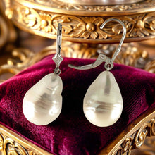 Load image into Gallery viewer, Solid 14k White Gold Leverback Baroque White Pearl Dangle Earrings (Larger)