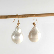 Load image into Gallery viewer, Solid 14k Yellow Gold Fish Hook Baroque White Pearl Dangle Earrings