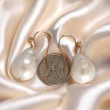 Load image into Gallery viewer, Solid 14k Yellow Gold Fish Hook Baroque White Pearl Dangle Earrings