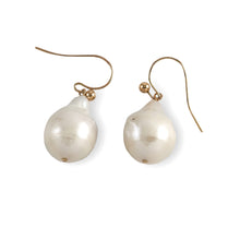 Load image into Gallery viewer, Solid 14k Yellow Gold Fish Hook Baroque White Pearl Dangle Earrings
