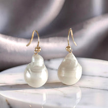 Load image into Gallery viewer, Solid 14k Yellow Gold Fish Hook Baroque White Pearl Dangle Earrings