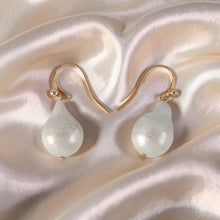 Load image into Gallery viewer, Solid 14k Yellow Gold Fish Hook Baroque White Pearl Dangle Earrings