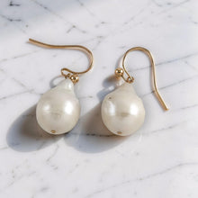 Load image into Gallery viewer, Solid 14k Yellow Gold Fish Hook Baroque White Pearl Dangle Earrings