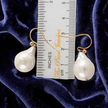 Load image into Gallery viewer, Solid 14k Yellow Gold Fish Hook Baroque White Pearl Dangle Earrings