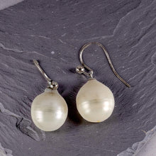 Load image into Gallery viewer, Solid 14k White Gold Fish Hook Baroque White Pearl Dangle Earrings