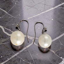 Load image into Gallery viewer, Solid 14k White Gold Fish Hook Baroque White Pearl Dangle Earrings