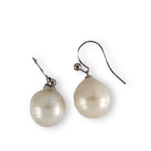 Load image into Gallery viewer, Solid 14k White Gold Fish Hook Baroque White Pearl Dangle Earrings