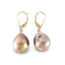 Load image into Gallery viewer, Solid 14k Yellow Gold Leverback Baroque Lavender Pearl Dangle Earrings