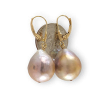 Load image into Gallery viewer, Solid 14k Yellow Gold Leverback Baroque Lavender Pearl Dangle Earrings
